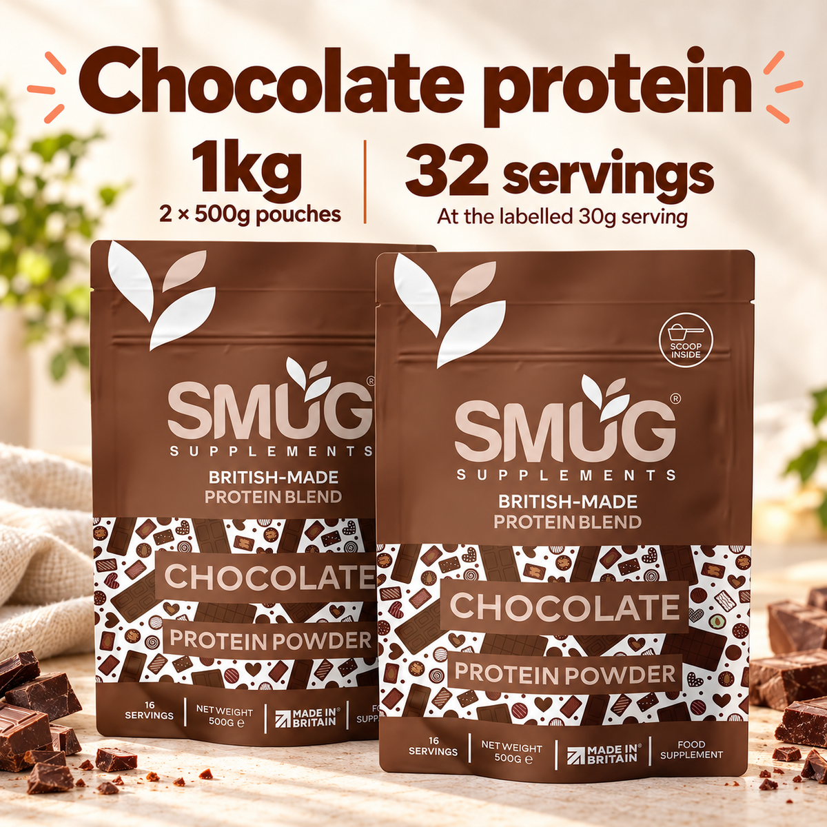 Protein Powder 1kg — Chocolate or Vanilla, 2 × 500g Pouches