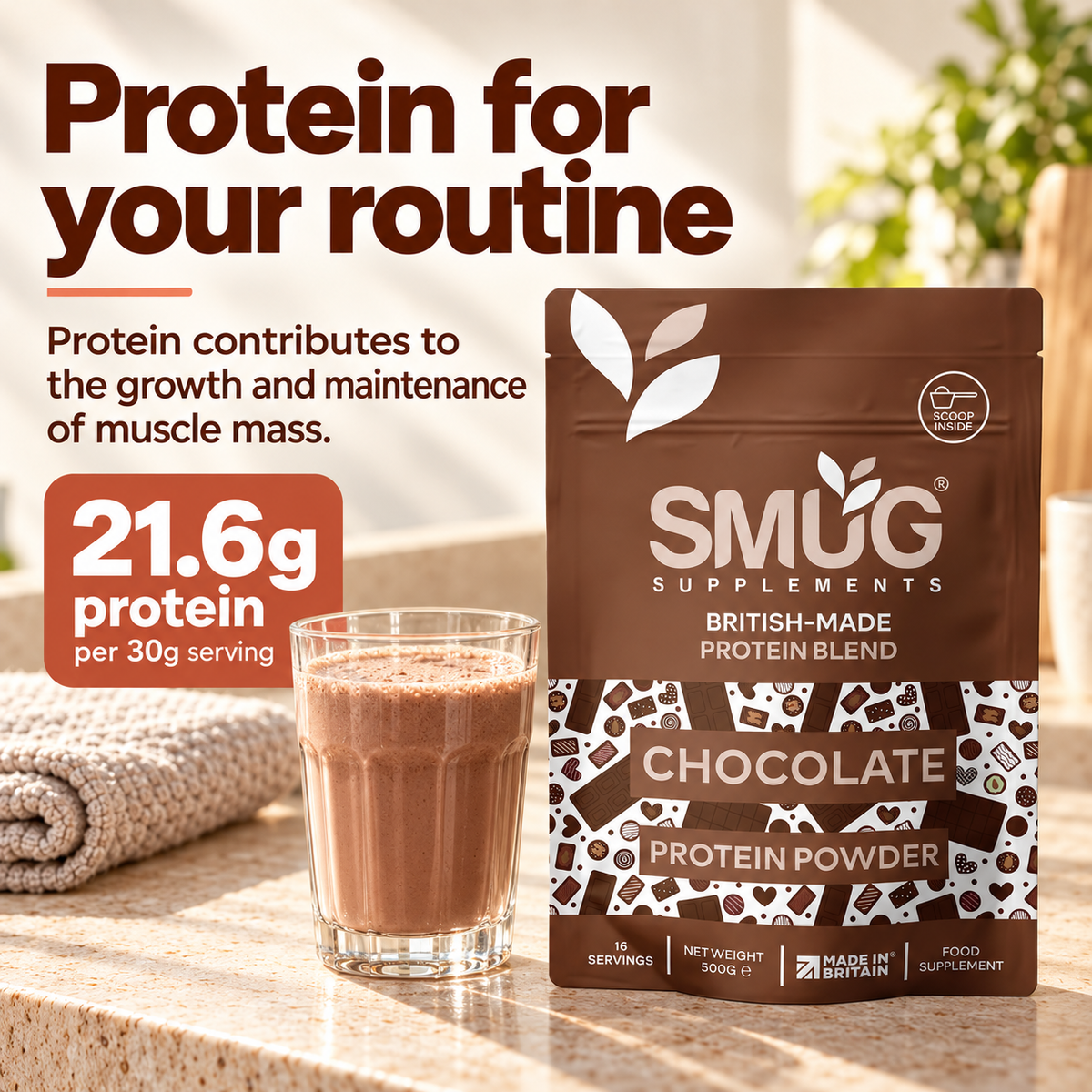 Protein Powder 1kg — Chocolate or Vanilla, 2 × 500g Pouches
