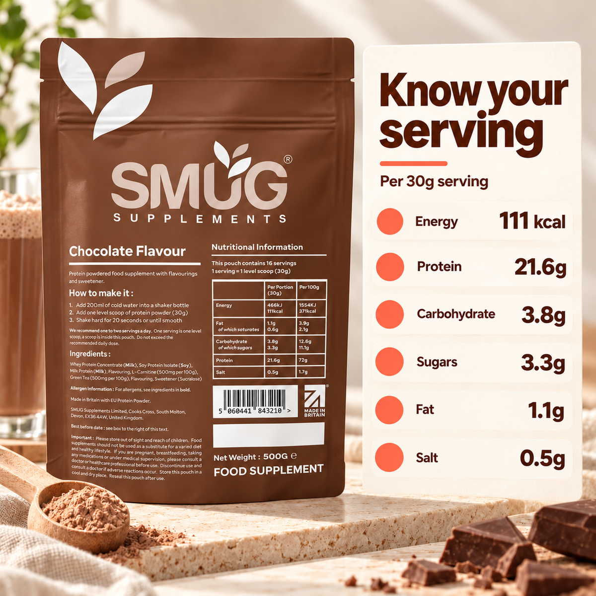 Protein Powder 1kg — Chocolate or Vanilla, 2 × 500g Pouches