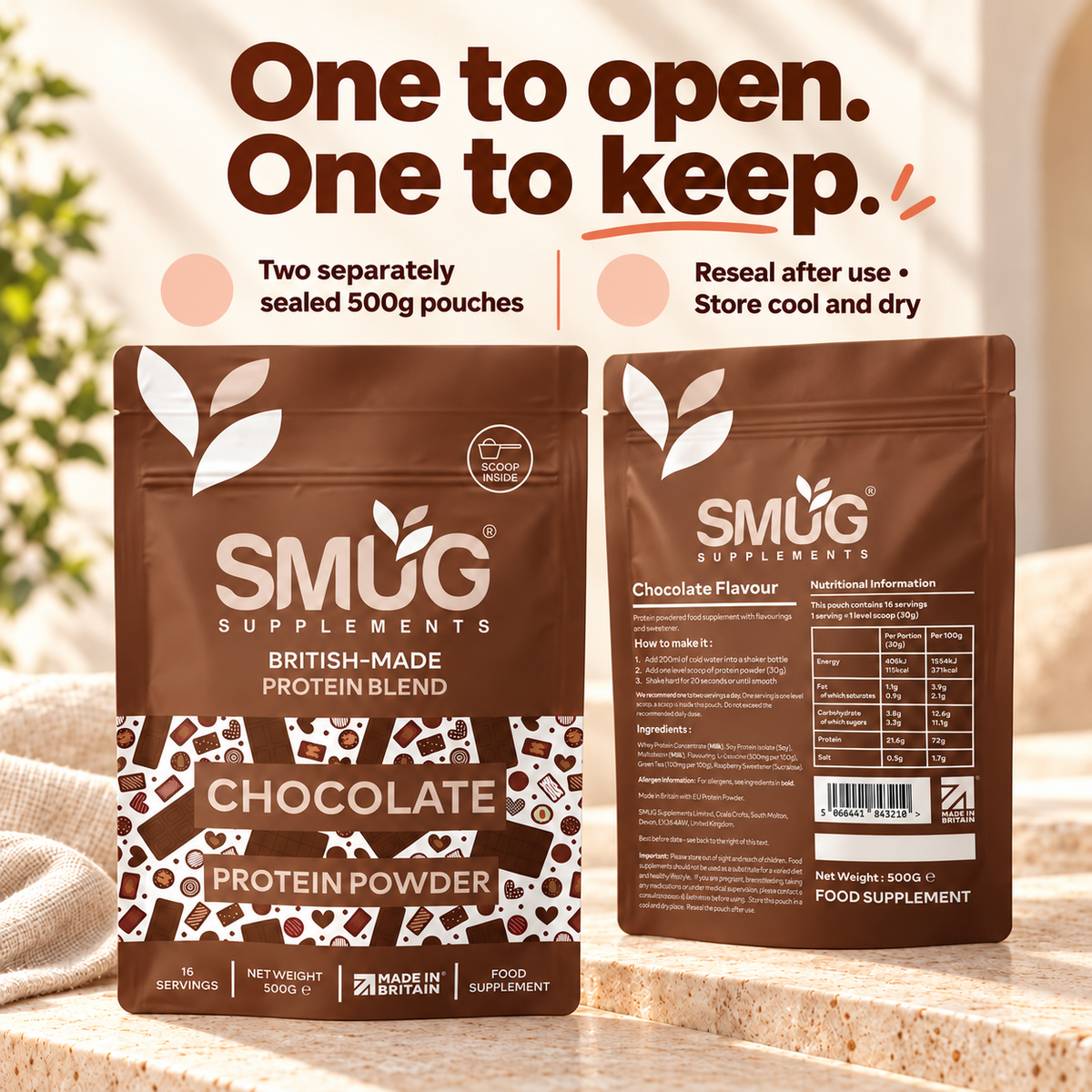 Protein Powder 1kg — Chocolate or Vanilla, 2 × 500g Pouches