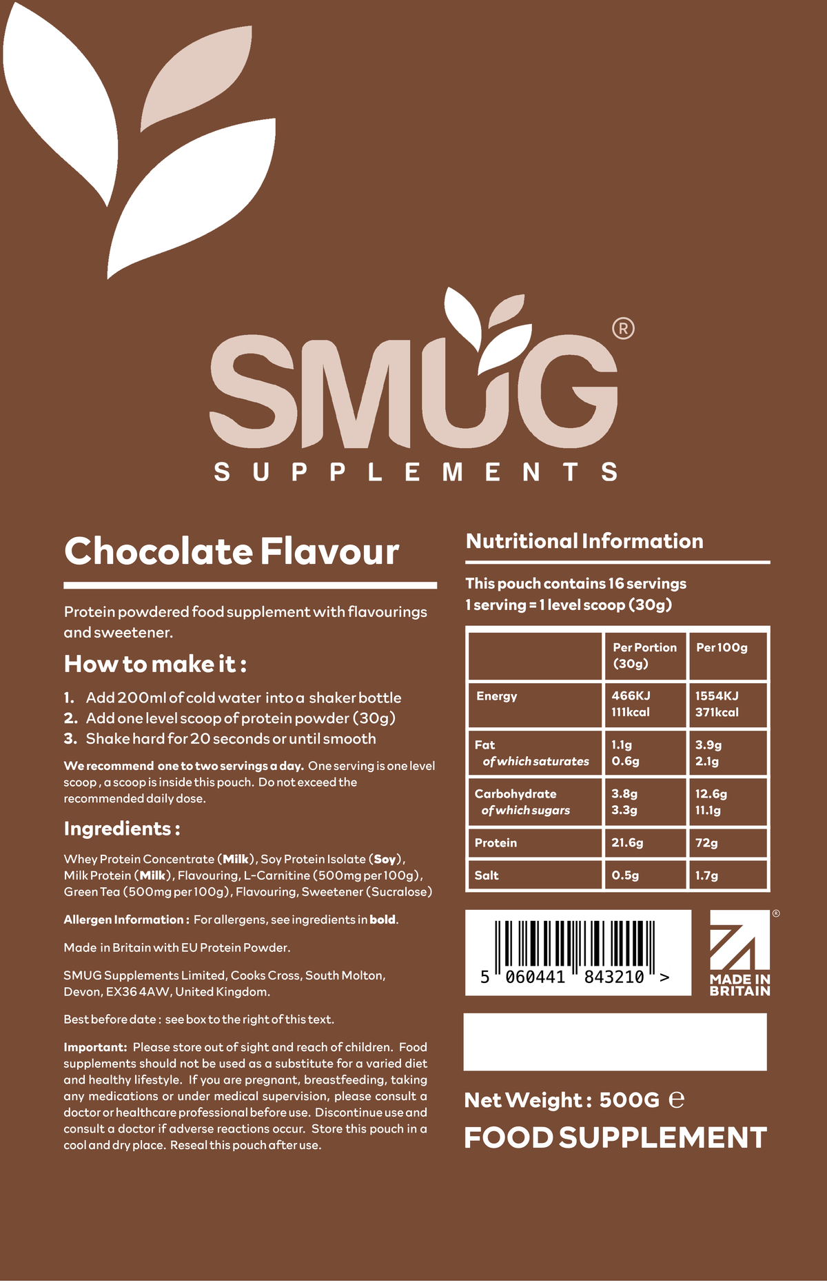 Protein Powder 1kg — Chocolate or Vanilla, 2 × 500g Pouches