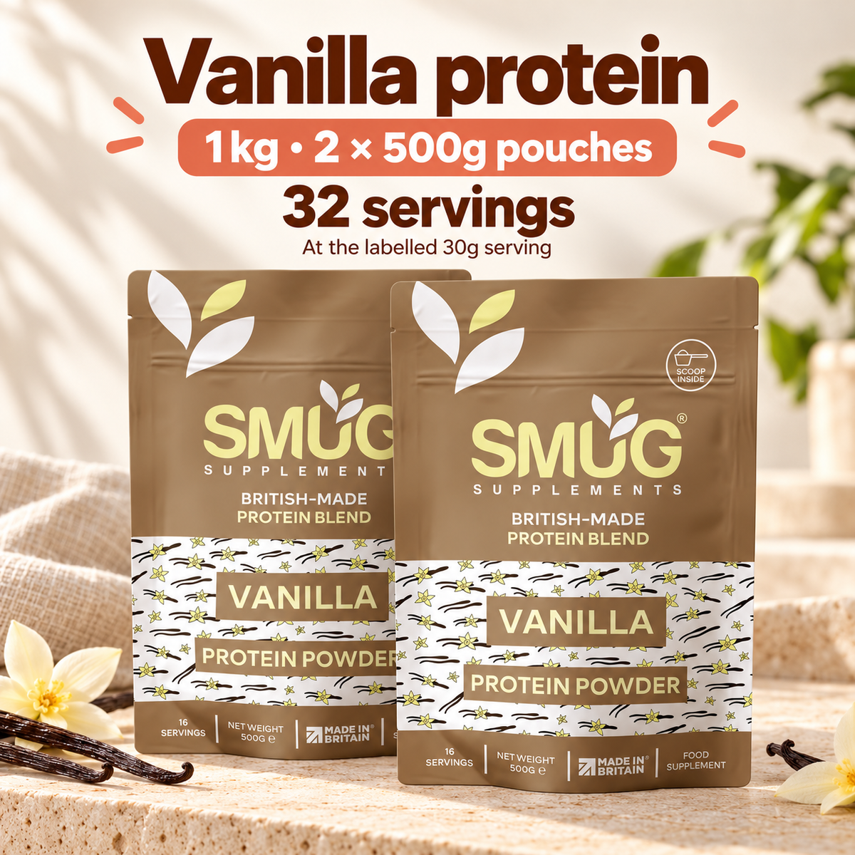 Protein Powder 1kg — Chocolate or Vanilla, 2 × 500g Pouches