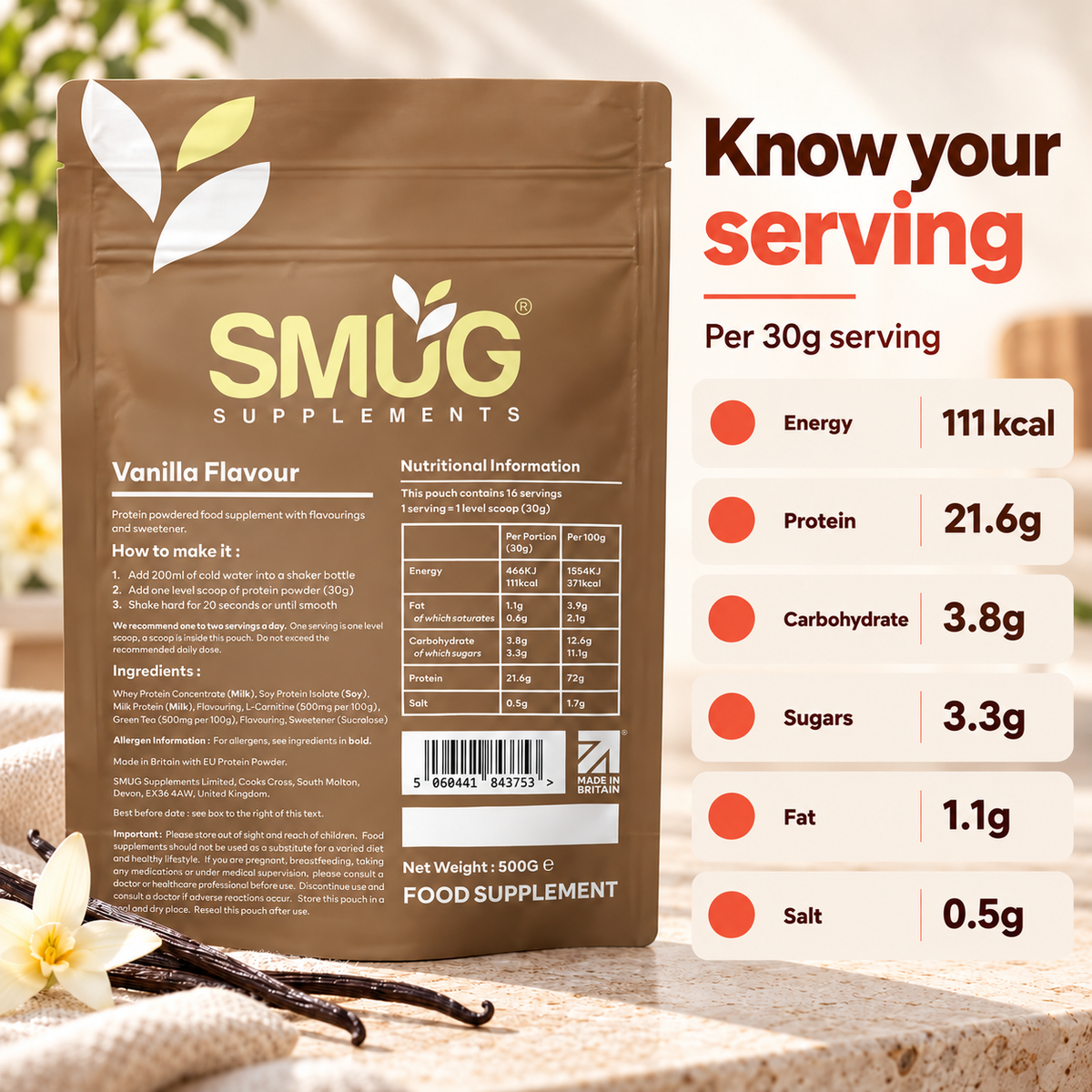 Protein Powder 1kg — Chocolate or Vanilla, 2 × 500g Pouches