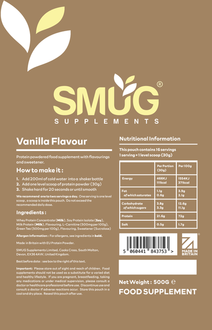 Protein Powder 1kg — Chocolate or Vanilla, 2 × 500g Pouches